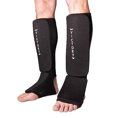 Cloth Shin & Instep Padded Guards - Kickboxing, Muay Thai Sparring Protective Leg Shin Foam for Kids and Adults (Pair) - size: Large