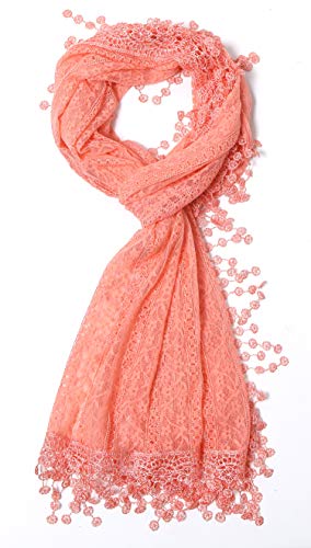 Cindy & Wendy Lightweight Soft Leaf Lace Fringe Scarf Bridal Shawl for Women - color: Peach Pink1
