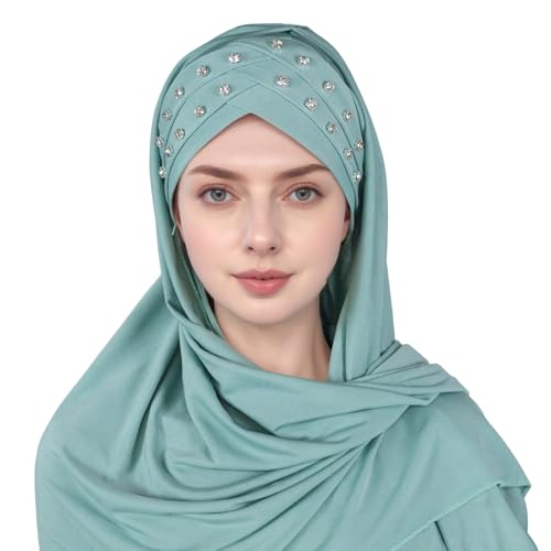 Muslim Head Scarf for Women Crystal Linen Rhinestone Cross Strap Turban Wrap Cap Elegant Breathable Sparkly Hijab - color: 03#_green