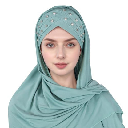 Muslim Head Scarf for Women Crystal Linen Rhinestone Cross Strap Turban Wrap Cap Elegant Breathable Sparkly Hijab - color: 03#_green