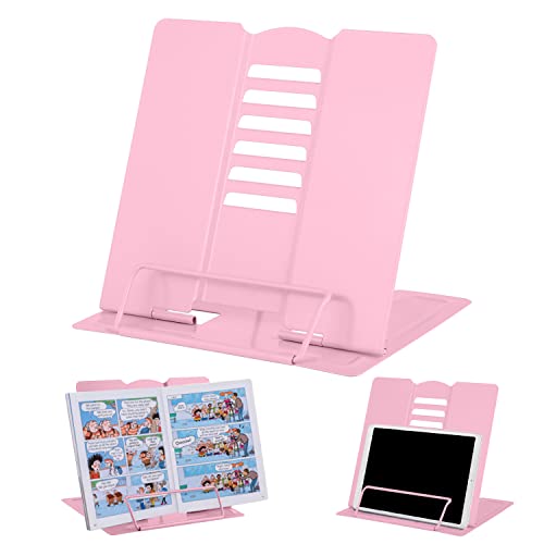 MSDADA Desk Book Stand Metal Reading Rest Book Holder Adjustable Cookbook Documents Holder Portable Sturdy Bookstands for Recipes Textbooks Tablet Music Books with Page Clips (Light Pink) - color: Light Pink