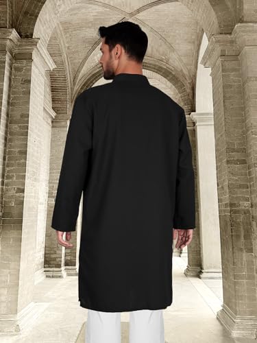 Men’s Kurta Kaftan Robe - Long Sleeve Cotton Linen Muslim Henley Shirt for Ramadan, Prayer & Daily Wear - color: Black, size: Large