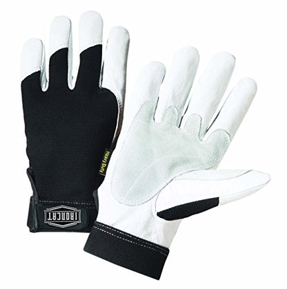 Ironcat Heavy Duty Top Grain Goatskin Leather Glove with Spandex Back, Reinforced Palm, Hook & Loop Closure, White/Black - size: Large