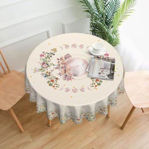 Moon Floral Tablecloth, Boho Moon Phase Astrology Mystical Gothic Wildflower Stars Witchy Water Resisitant Wipeable Table Cover for Dining Kitchen Living Room Home Party Holiday Decor 36 inch Round - color: Tc-boho Flower04, size: 36" (Round)