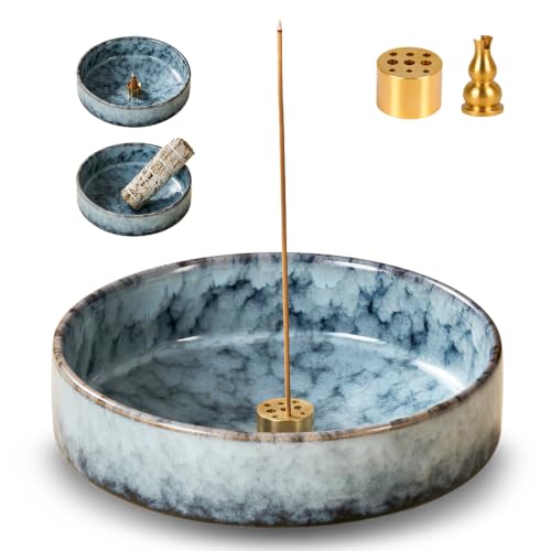6" Ceramic Incense Holder for Sticks with 10 Holes,5in1 Handmade Flambé Glaze Incense Burner Bowl Ash Catcher for Stick,Coil,Cone,Sage,Palo Santo,Candle - Ideal for Yoga Spa Meditation Home Décor - color: Blue