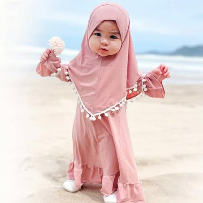 IWEMEK Infant Baby Girl Prayer Dress Kids Muslim Clothes for Toddler Girls Abaya with Hijab Ruffle Islamic Eid Ramadan Outfit - color: Pink, size: 6-12 Months