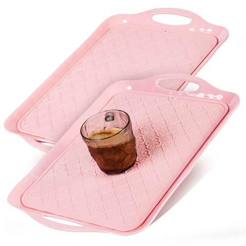 LEHAHA Large Non Slip Serving Tray with Handles, 17.25 x 12 Inch Melamine Serving Platter with Curved Sides, Dinner Tray for Lunch, Coffee, or Breakfast, 4pcs Set, Silicone placemats Included,Pink - color: Pink