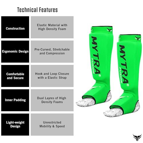 Mytra Fusion Shin Pads Instep Protector Kick Boxing Muay Thai Training Elasticated shin Guards - color: Green, size: Large-X-Large