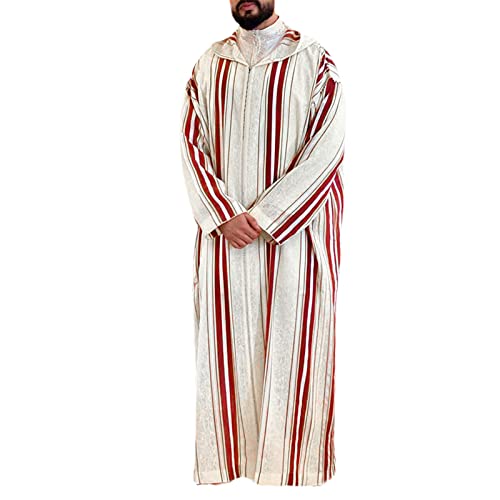 Thobe for Men,Arabic Clothing Men Djellaba Kaftan Middle East Caftan Casual Hooded Striped Robe Jubba Thobe - size: Large
