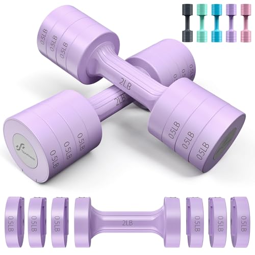 Sportneer Adjustable Dumbbells Hand Weights Set: 5 lb Dumbbell Set of 2 Each 2lb 3lb 4lb 5lb Free Weights Fast Adjust Weight 4 In 1 Weights Dumbbells Set for Women Men Home Gym Exercise Training - color: Purple