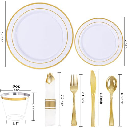175PCS Disposable Plastic Plates,Gold Plastic Dinnerware Set Includes 25 Dinner Plates, 25 Dessert Plates, 25 Pre Rolled Napkins with Gold Silverware, 25 Cups for Party, Wedding, Birthday - color: White and Gold