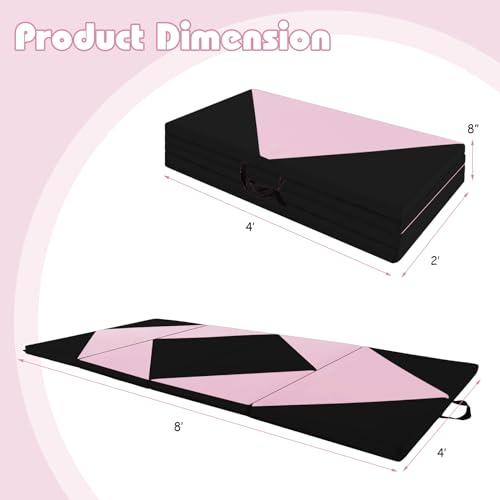 Goplus Gymnastics Mat, Folding Tumbling Mat with Carry Handles, Hook & Loop Fasteners, 4 Panels for Fitness Exercise Yoga Stretching Aerobics Workouts, Thick Gym Mats for Home - color: Pink&Black
