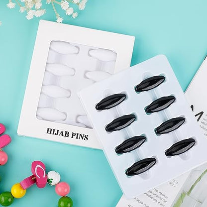 16pcs Scarf Safety Pins, Colorful Hijab Pins with Box Fashion Plastic Cover Hijab Pin Pack for Women Muslim Girls (White, Black)