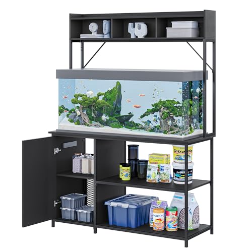 BELLEZE 55-90 Gallon Aquarium Stand with LED Lights, Fluted Cabinet for Fish Tank Accessories Storage, Heavy Duty Metal & Power Outlets, 1200 LBS Capacity, Turtle Tank Reptile Terrarium, Black Ebony