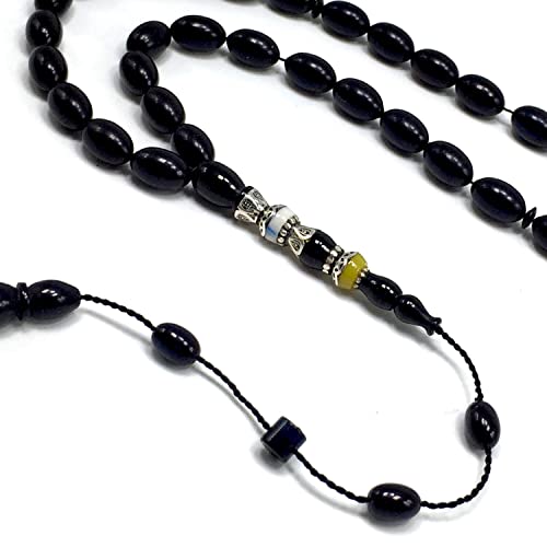 EXCLUSIVE COLLECTION -Handmade Silver Engraved Bakelite Tesbih, Tasbih, Islamic Rosary, Islamic Prayer Beads, Misbaha (7x11 mm 33 Black Rice Beads) - color: 7x11 mm 33 Black Rice Beads