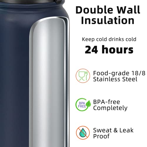Fanhaw 32 oz Insulated Stainless Steel Water Bottle with Anti-Dust Chug Lid, Leakproof Vacuum Sports Bottle for Kids, Teens & Adults, Back to School Essentials (Navy Blue) - color: Navy Blue, style: 32 Ounces