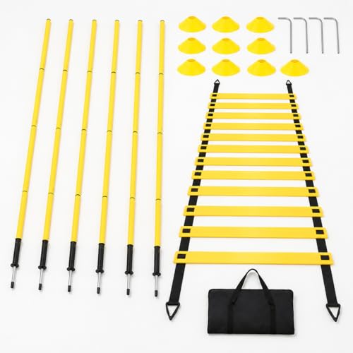 PVC Agility Ladder, 6m Speed and Agility Kit, 10 Training Cones & 6 Marker Poles, Sports Training Set with Carry Bag for Football