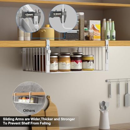 AmonHouseware 2Pack Under Shelf Storage Basket Organizer, White | Adjustable Hanging,Under Cabinet Add-on, Slide-in Baskets, for Laundry Room Kitchen Pantry Desk Bookshelf Counter Cupboard - color: White