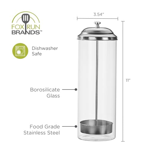 Fox Run Glass Straw Holder with Stainless Steel Lid & Lifter For Countertop | 3.5" x 10.5" Dispenser with 100 Straw Capacity | Stores Chopsticks, Pencils, Pencils, Forks & More | Dishwasher Safe Holder