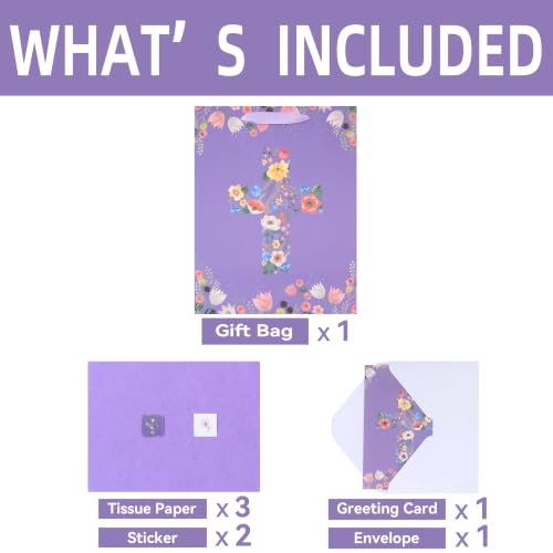 13" Large Floral Religious Gift Bag Set with Handles, Greeting Card, Purple Tissue Papers and Stickers for Women Girls, for First Communions, Baby Girl Baptisms, Christenings, Religious Occasion, Clergy Day, Cross Design, 1 Pcs - color: (13'' Large)Purple