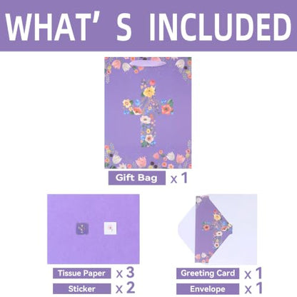 13" Large Floral Religious Gift Bag Set with Handles, Greeting Card, Purple Tissue Papers and Stickers for Women Girls, for First Communions, Baby Girl Baptisms, Christenings, Religious Occasion, Clergy Day, Cross Design, 1 Pcs - color: (13'' Large)Purple