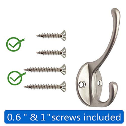 IBosins 10 Pack Silvery Double Coat Hooks Utility Hooks for Coat, Bag, Hat | Dual Coat Hooks Wall Mounted with 40 Screws Retro Double Hooks for Scarf, Towel, Key, Cap, Cup - color: Silvery