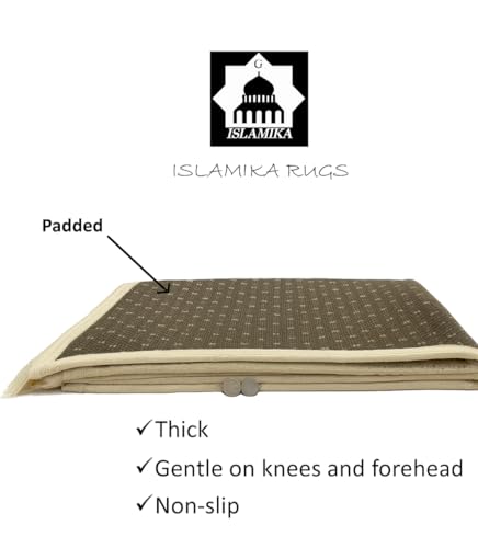 Prayer Rug Muslim Mat Islamic - Thick Large Padded Sajadah with Islam Prayer Beads for Eid Travel Ramadan, Soft Luxury Great for Knees and Forehead (Beige) - color: Beige