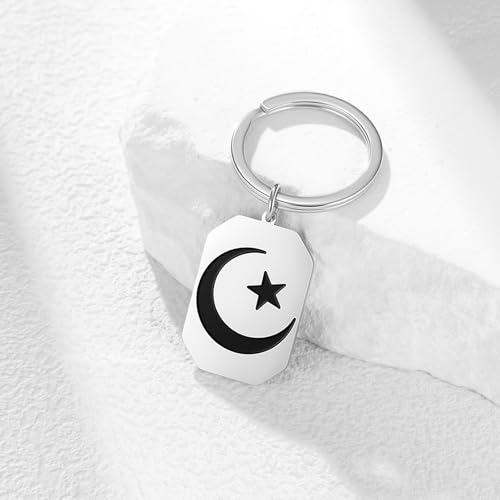 VASSAGO Stainless Steel Muslim Keychain Double Sided Islamic Crescent Star Allah Calligraphy Key Ring Religious Ramadan Gift - color: Silver