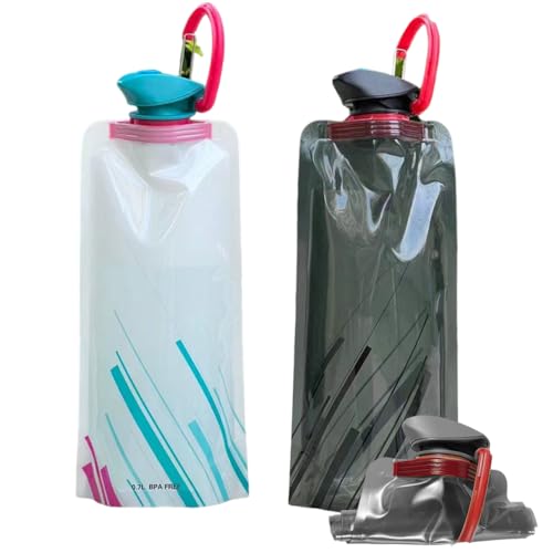 OULIGET Collapsible Water Bottles,Compact Bottle Folds Flat with Carabiner, Flat Water Bottles for Outdoor Sports Camping Traveling Biking,2 Pieces