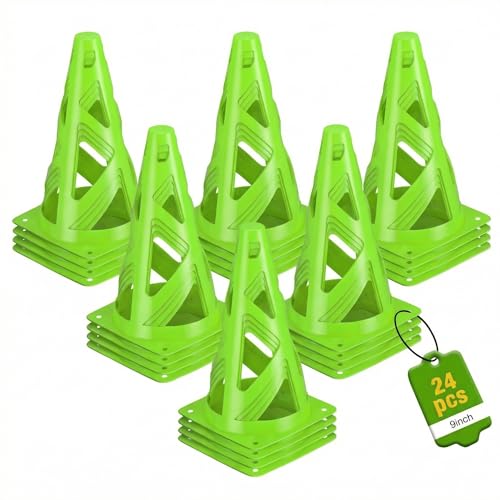24 Pack Soccer Cones, 9 Inch Agility Cones for Soccer, Football, Basketball, Cones for Sports Training, Speed & Agility Drills, Field Marking Equipment - color: green
