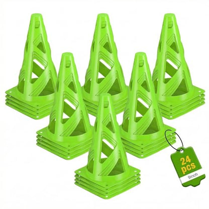 24 Pack Soccer Cones, 9 Inch Agility Cones for Soccer, Football, Basketball, Cones for Sports Training, Speed & Agility Drills, Field Marking Equipment - color: green