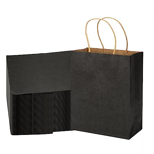 MOZRRO Black Gift Bags, 100 Pack, 10.5x8.5x4.5 Inch, Medium, w/Handles - color: Black