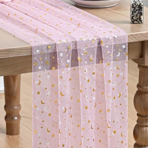 Artoid Mode Pink Gauze Stars Moon Table Runner 10FT, Glitter Metallic Foil Sheer Dining Wedding Anniversary Holiday Birthday Table Decor for Home Party - color: Pink