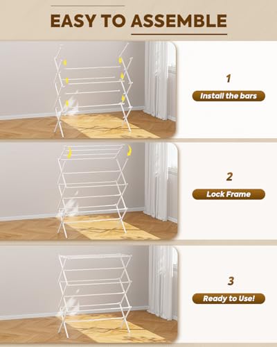 KINGBOARD Clothes Drying Rack, Collapsible Drying Rack Clothing with 11 Poles, 3-Tier Laundry Drying Rack, Small Clothes Drying Rack Foldable for Baby Clothes Sock Towel, 25lb Capacity, White - color: White