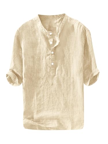 Ryannology Mens Linen Shirts Casual Cotton 3/4 Sleeve Henley T-Shirt - color: 01 Beige, size: Large