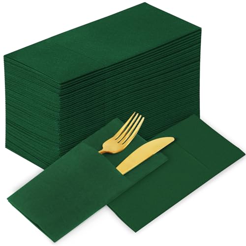 KAMMAK Dark Green Napkins Disposable with Pocket Cloth Like Dinner Paper Napkins 100 Pack Folded Guest Hand Towel for Party Decoration, Wedding Reception, Bathroom or Restaurant (16.5 x 16.5 inch) - color: Green