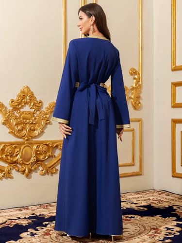 Elegant Muslim Dress with Gold Embroidered Evening Gown, Traditional Islamic Attire - color: Royal Blue, size: X-Small