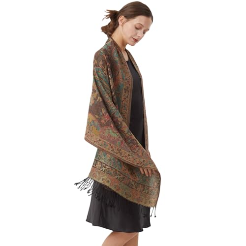 Paisley Pashmina Rave Shawl Scarf-Women's Reversible Ethnic Jacquard Pashmina Wraps for Travel - color: A#. Black Green Plum