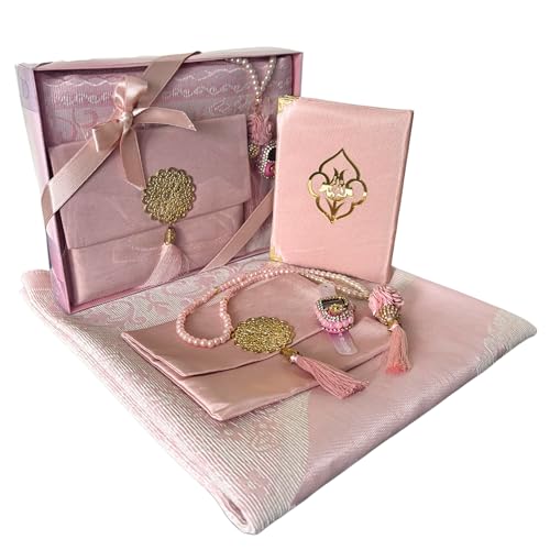 Prayer Mat Set for Women, Muslim Prayer Rug, Prayer Mat, Islamic Finger Counter, Prayer Beads, Surah Book with Bag, Islamic Gift Set for Ramadan & Eid (Pink)