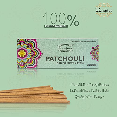 Raajsee Patchouli Incense Sticks 100 gm Pack-100% Pure Organic Natural Hand Rolled Free from Chemicals-Perfect for Church,Aromatherapy,Relaxation,Meditation,Positivity & Sensual Therapy - color: Patchouli