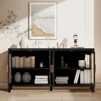 Fiogmub Rattan Sideboard Buffet Cabinet with Storage, Wooden Cabinet | 4 Doors Adjustable Shelves, for Kitchen, Dining Room, Entryway - color: Black