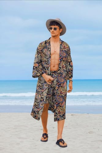 COOFANDY Men Lightweight 2 Piece Kimono Robe with Shorts Japanese Robes Casual Open Front Long Cardigan With Belt - color: Navy Blue(cashew Flowers), size: Large