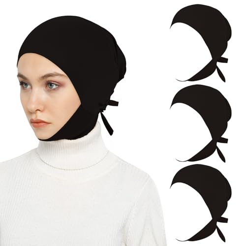 XEPST 3 PCS Hijab Undercap for Women, Islamic Muslim Full Cover Under Hijabcap Milk Silk Fabric Hijab Underscarf Solid Color Adjustable Tie Back Inner Head Scarf Turbans for Women Chemo Cap, D