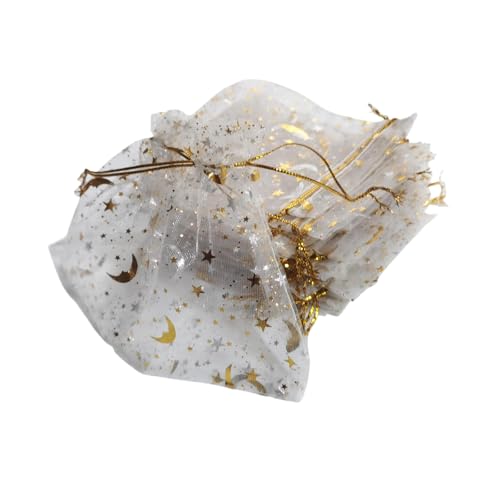 TYPAILYX 60 Pieces Moon Star Organza Jewelry Candy Bags, 3x4inch White Little Mesh Candy Gift Bags, Organza Favor Gift Pouches with Drawstrings for Weddings Parties and Valentine's Day - color: White