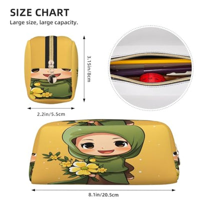 Cartoon Muslim Girl print Pencil Bag waterproof Zipper Pencil Case Leather Pen Box Cosmetic Bag For Office Pencil - color: Gold
