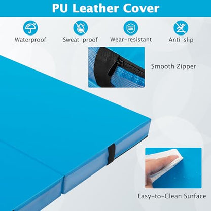 Giantex 4" Thick Folding Gymnastics Mat, 4' x 4' Bio-Folding Exercise Mat with Carry Handles & PU Leather Cover, Gym Home Tumbling Mat for Kids, Yoga, Fitness, Pilates & Martial Arts - color: Blue