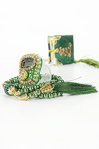 İhvan Online Mini Velvet Quran Set with Islamic Finger Counter, Portable Digital Tasbeeh, Muslim Prayer Beads, Pearl Zikirmatic Beads, 3 Pieces Gift Set for Mevlüt, Green - color: Green