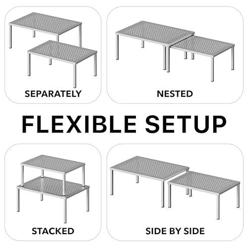 Simple Houseware Cabinet Counter Shelf Organizer w/Steel Surface, Silver | Expandable & Stackable 9" D x 12.75" W x 5.9" H - color: Silver