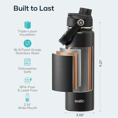 BUZIO 24 oz Insulated Water Bottle, Stainless Steel Wide Mouth Water Flask with Straw Lid, Cold for 48 Hrs Leak Proof Metal Hydro Thermo Canteen Mug, Black - color: Black, size: 24 Ounces