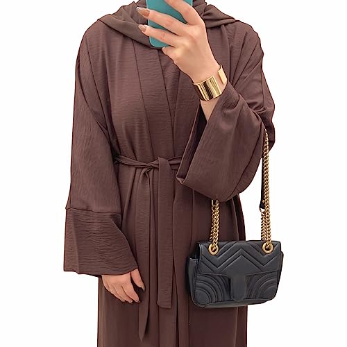 2PCS Women's Muslim Dresses Abaya Islamic Dubai Prayer Dress Robe Long Cardigan Maxi Dress - color: Dark Brown, size: X-Large